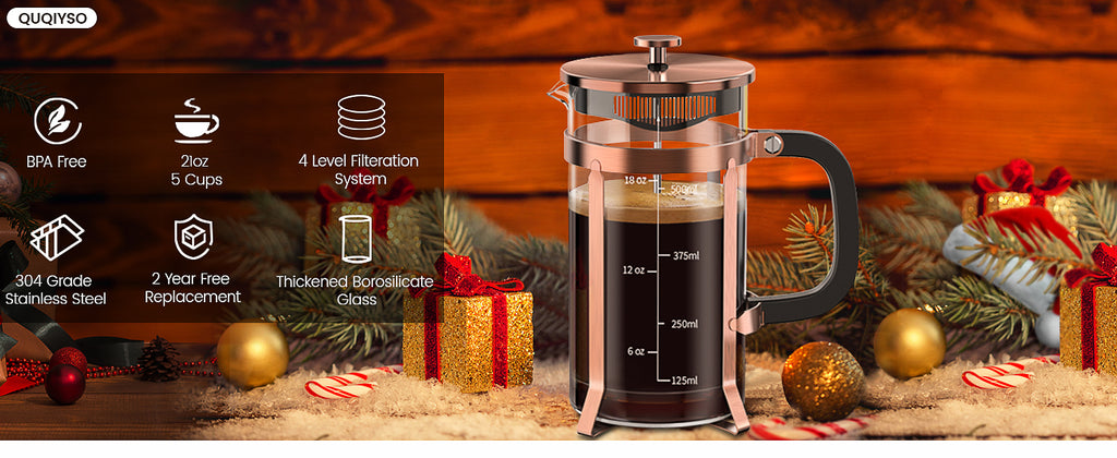 QUQIYSO Coffee Maker 304 Stainless Steel French Press with 4 Filter, Heat Resistant Durable, Easy to Clean, Borosilicate Glass Coffee Press, 100% BPA Free Teapot, 21 ounce, copper