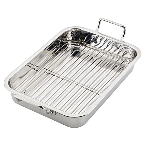 Farberware Bakeware Nonstick Steel Roaster with Flat Rack, 11-Inch x 15-Inch, Gray