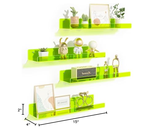 upsimples Acrylic Shelves for Bathroom Storage, 15" Floating Shelves Wall Organizer for Perfume, Make up, Skincare, Kids Bookshelf for Bedroom, Nursery, Living Room Decor, Clear, 4 Pack