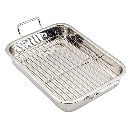 Farberware Bakeware Nonstick Steel Roaster with Flat Rack, 11-Inch x 15-Inch, Gray