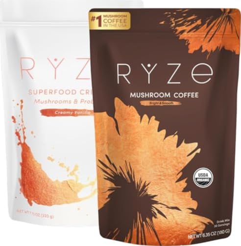 RYZE SUPERFOODS Mushroom Medium Roast Coffee Starter Kit, USDA Organic Instant Coffee with 6 Adaptogenic Mushrooms and for Energy, Focus, Digestion, Immunity with Lions Mane & Turkey Tail 60 Serving
