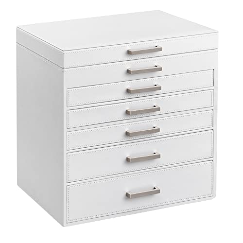 SONGMICS 3-Tier Jewelry Box, Travel Jewelry Case with Handle, 2 Drawers, Lockable Jewelry Organizer with Mirror, Jewelry Storage, Modern Style, Gift for Loved Ones, White UJBC154W01