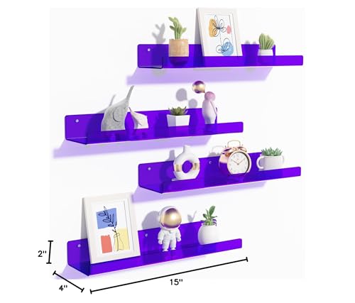 upsimples Acrylic Shelves for Bathroom Storage, 15" Floating Shelves Wall Organizer for Perfume, Make up, Skincare, Kids Bookshelf for Bedroom, Nursery, Living Room Decor, Clear, 4 Pack