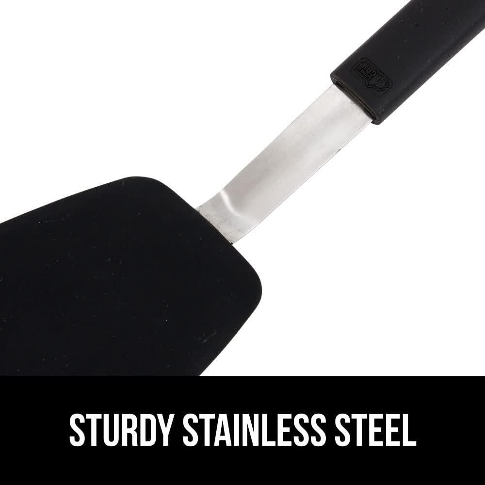 GORILLA GRIP Food Grade Flexible Silicone Spatula, Heat Resistant Head for Nonstick Frying Pan, Patented Soft Rubber Handle for Comfort, Non-Scratch Kitchen Turner, Flip Eggs Burgers, 11.6 in, Black