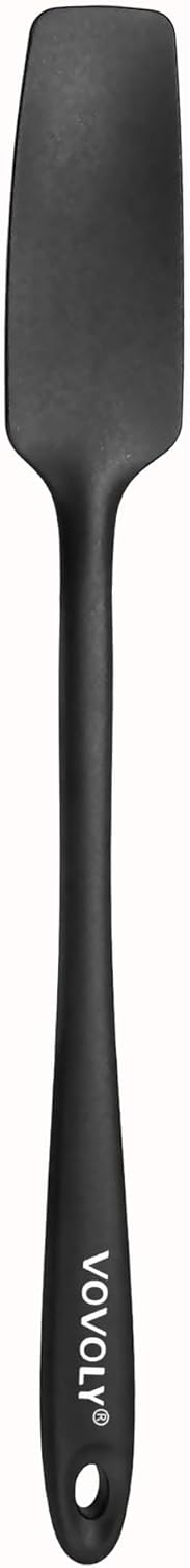 Vovoly Silicone Jar Spatula, Small Head with Long Handle, Rubber Spatulas Scraper for Jar, Blender, Bottle, etc. High Heat Resistant for Nonstick Cookware, Seamless, BPA Free, 11.2 Inch, Black.