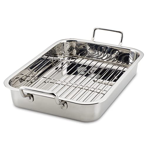 Farberware Bakeware Nonstick Steel Roaster with Flat Rack, 11-Inch x 15-Inch, Gray