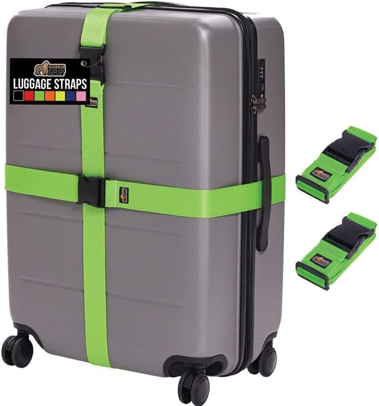GORILLA GRIP Heavy Duty Adjustable Luggage Straps for Suitcases, Easy to Identify Travel Belt Connector Holds Suitcase Together, Extends Life of Bag, Strap Connects Two Bags, Accessories 2 Pack Green