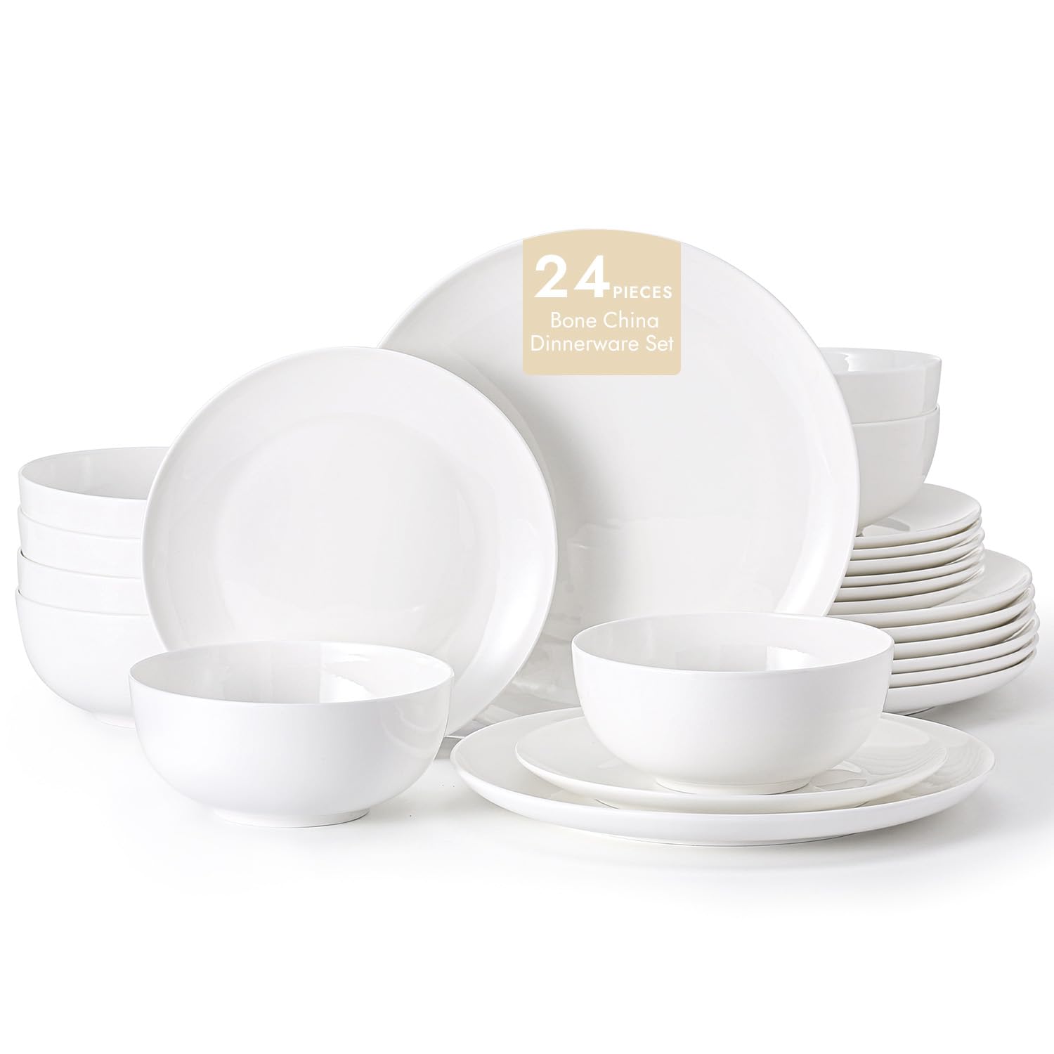 KINGSTONE 12-Piece Bone China Dinnerware Set for 4, Lightweight and Durable, Microwave and Dishwasher Safe, White Plates and Bowls for Everyday Use