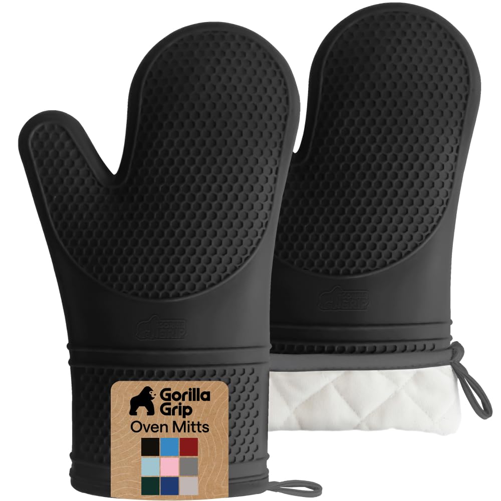GORILLA GRIP BPA-Free Soft Silicone Oven Mitts, Heat Resistant and Waterproof Cooking Safety Gloves, Thick Cotton Lining, Flexible Gripping, Kitchen Potholders Set, for Grilling, BBQ, 12.5x8.3, Black