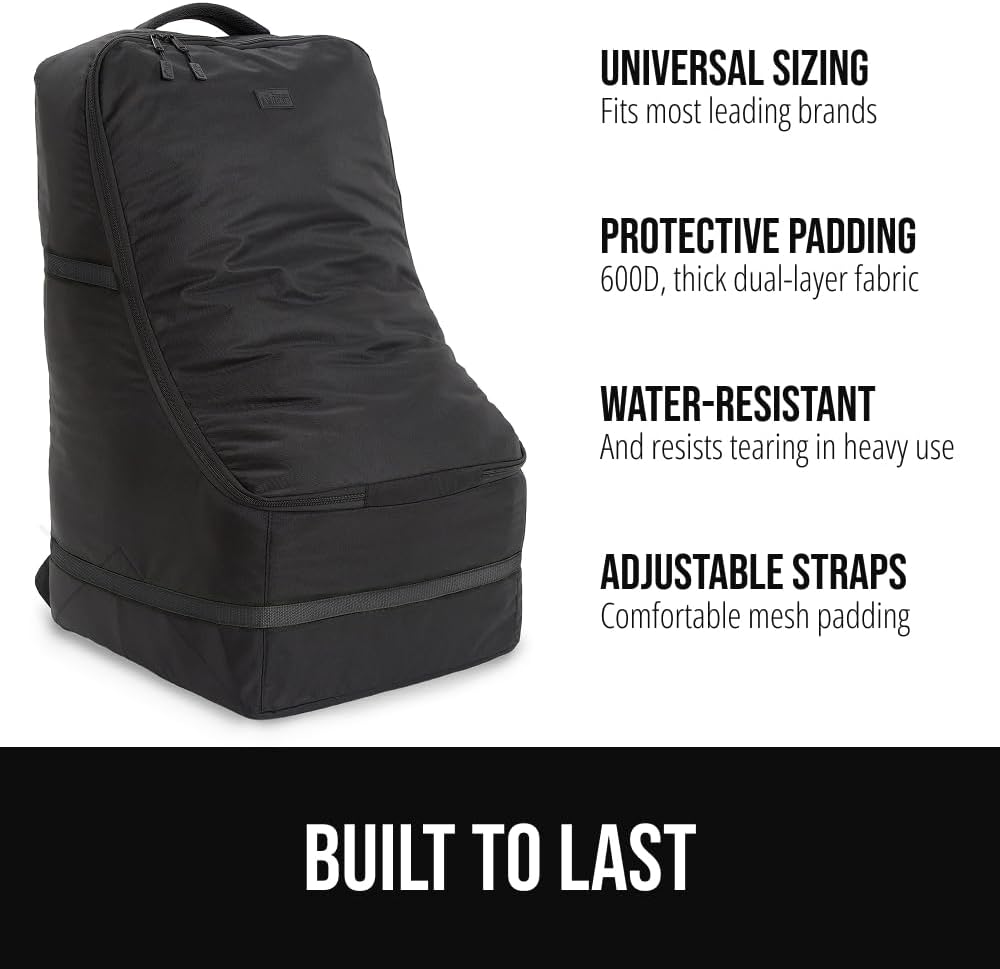 GORILLA GRIP Tear and Water Resistant Padded Car Seat Travel Bag for Airplane and Airport, Universal Fit Baby Carseat Bags, Holds Up to 50lbs, Handle & Shoulder Straps, Air Gate Check Carrier, Black
