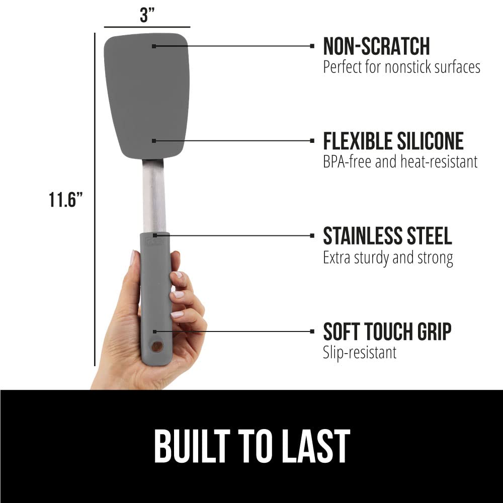 GORILLA GRIP Food Grade Flexible Silicone Spatula, Heat Resistant Head for Nonstick Frying Pan, Patented Soft Rubber Handle for Comfort, Non-Scratch Kitchen Turner, Flip Eggs Burgers, 11.6 in, Black