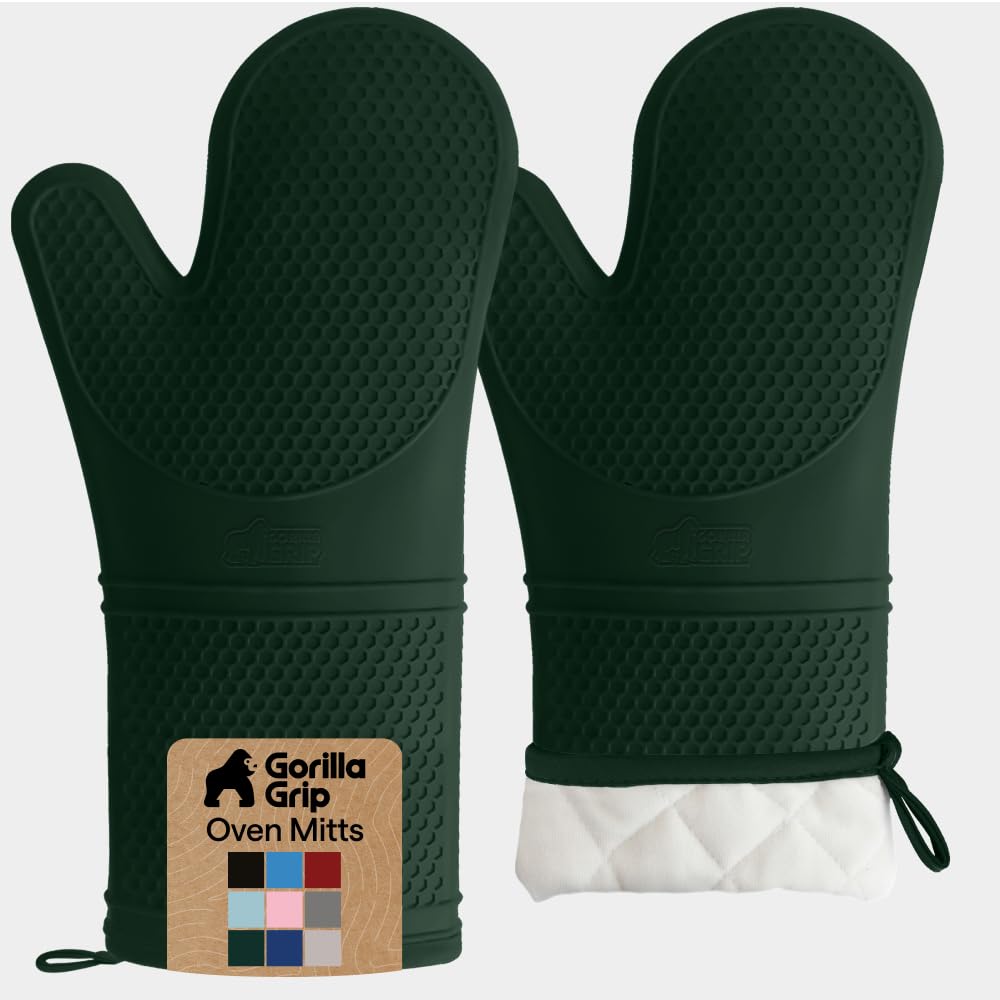 GORILLA GRIP BPA-Free Soft Silicone Oven Mitts, Heat Resistant and Waterproof Cooking Safety Gloves, Thick Cotton Lining, Flexible Gripping, Kitchen Potholders Set, for Grilling, BBQ, 12.5x8.3, Black