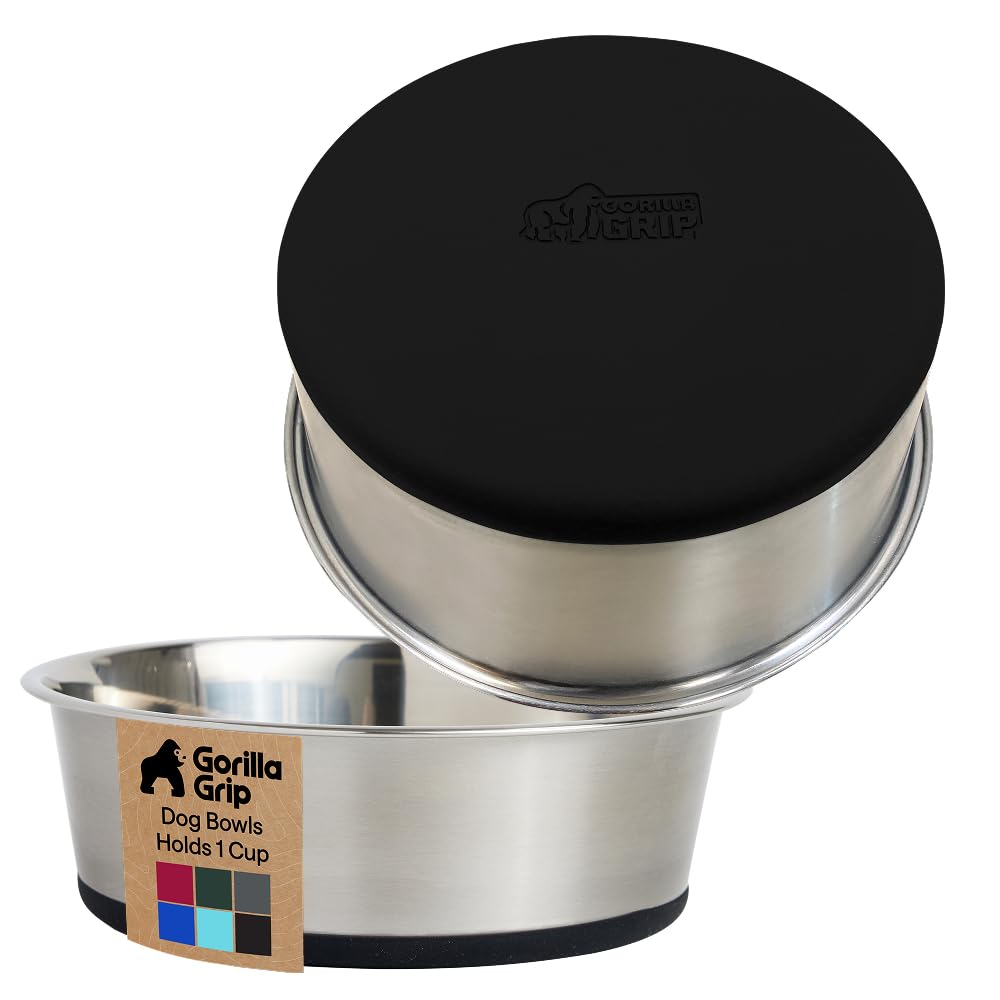 GORILLA GRIP Dog Bowls, Heavy Duty 304 Stainless Steel, Holds 2 Cups Each (16 fl oz) Food and Water Bowl for Feeding Dogs and Cats, Dishwasher Safe, Rust Resistant, BPA Free Rubber Base Set of 2 Black