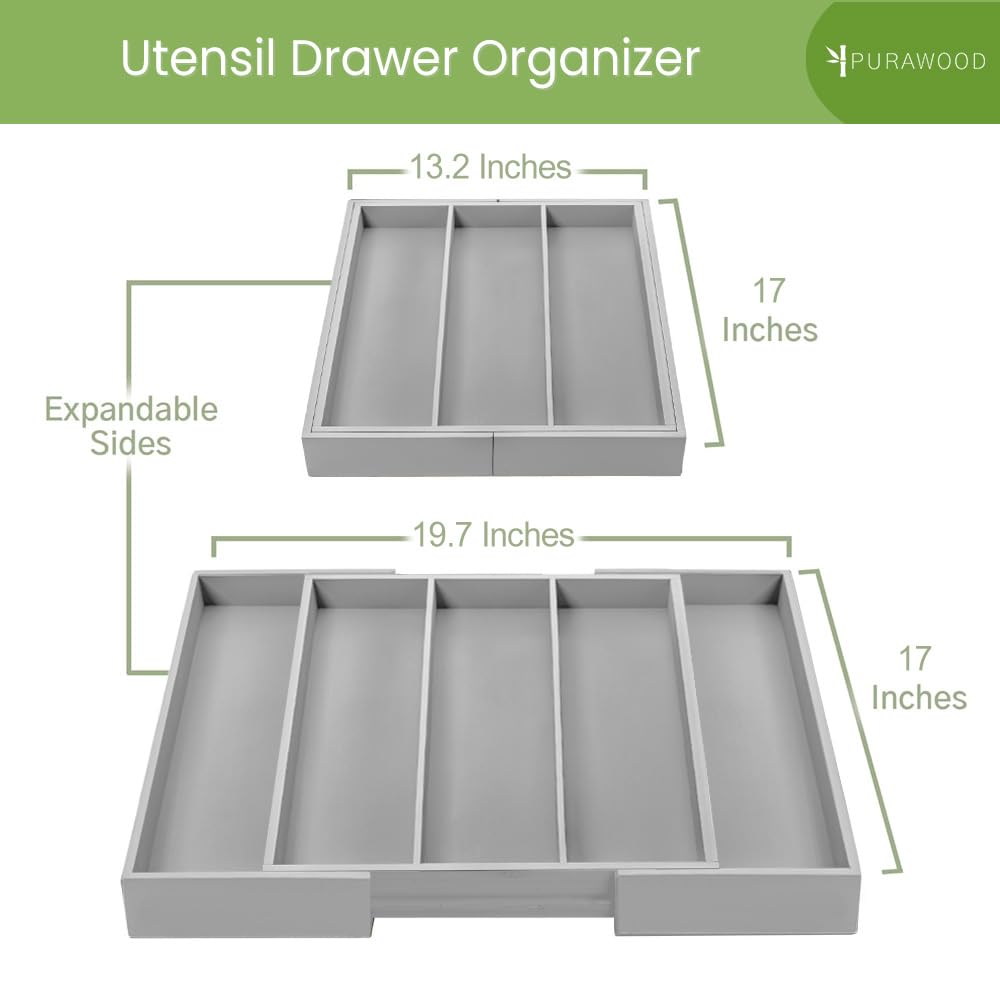 Purawood Bamboo Drawer Organizer - Expandable Silverware Organizer & Utensil Drawer Organizer, Cutlery Tray with Dividers, 7-9 Slots- Kitchen Organizer for Utensils & Flatware (Natural)