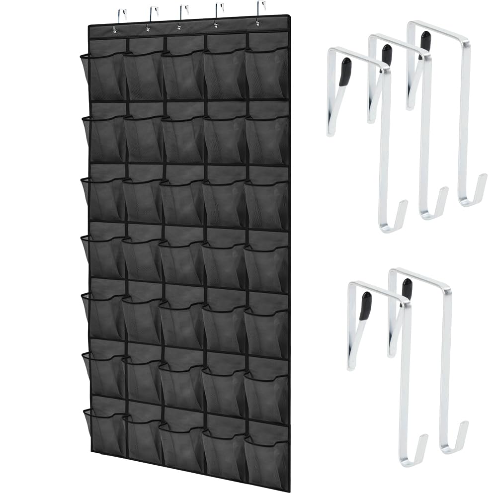 GORILLA GRIP Over the Door Shoe Organizer, 24 Large Breathable Mesh Pockets, Space Saving Hanging Storage Holder, Closet Rack Hanger Holds Up to 40 lbs, Hangs on Closets for Shoes, Accessories, Black