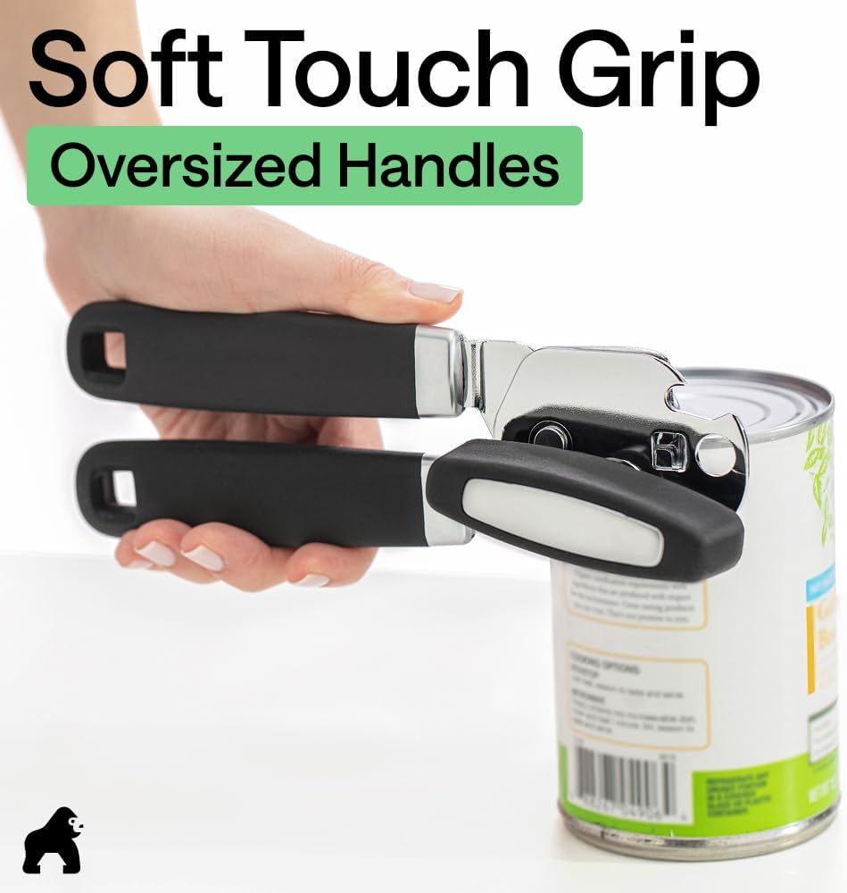 GORILLA GRIP Heavy Duty Stainless Steel Smooth Edge Manual Can Opener and Bottle Openers, US Designed, Soft Comfortable Handle, Oversized Handheld Turn Knob, Multifunctional Kitchen Tool, Black
