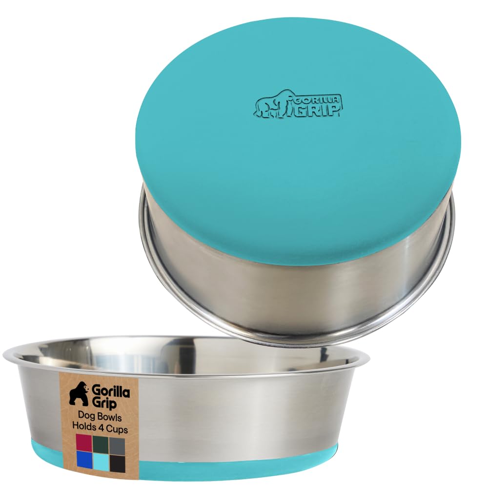 GORILLA GRIP Dog Bowls, Heavy Duty 304 Stainless Steel, Holds 2 Cups Each (16 fl oz) Food and Water Bowl for Feeding Dogs and Cats, Dishwasher Safe, Rust Resistant, BPA Free Rubber Base Set of 2 Black