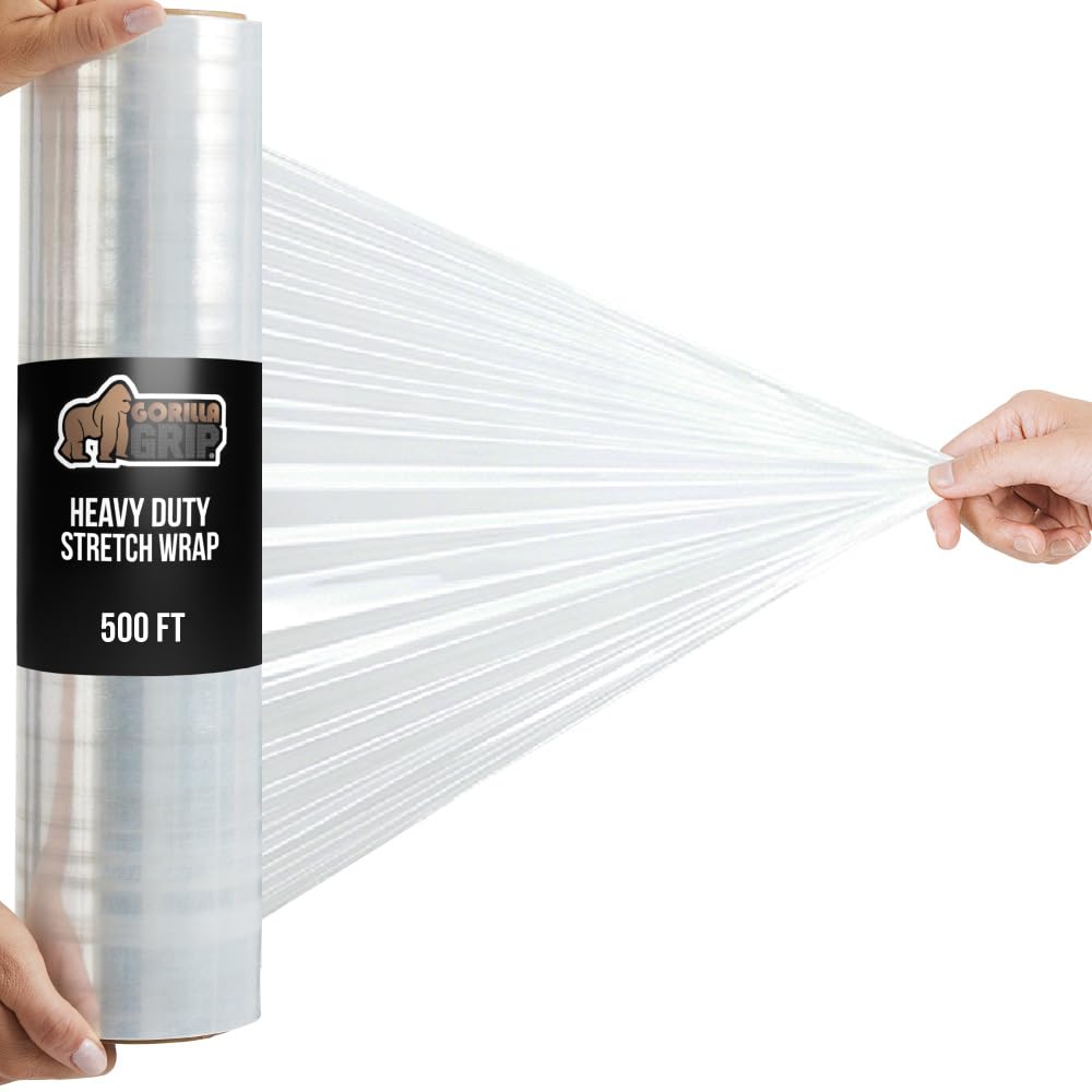 GORILLA GRIP 500% Stretch Film Heavy Duty Plastic, 1000ft Shrink Wrap Roll 17" Puncture Resistant, Industrial Strength for Shipping, Pallet Storing, Moving, Packing Furniture Protection 1 Pack Clear