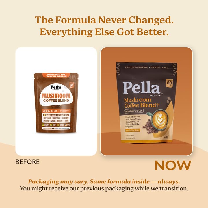 Pella Nutrition Instant Mushroom Coffee Powder - Regular Caffeine, 60 Cups