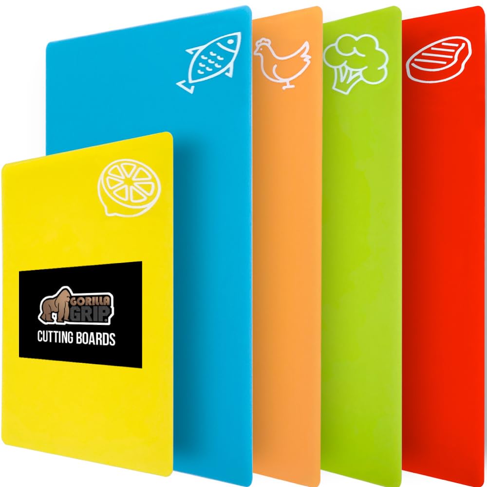 GORILLA GRIP 100% BPA-Free Flexible Cutting Board Set of 4, Durable Plastic Mats with Food Icons for Meal Prepping, Large Kitchen Chopping Mat, Use for Meat Fish Vegetables Fruit, 15x12, Multicolor