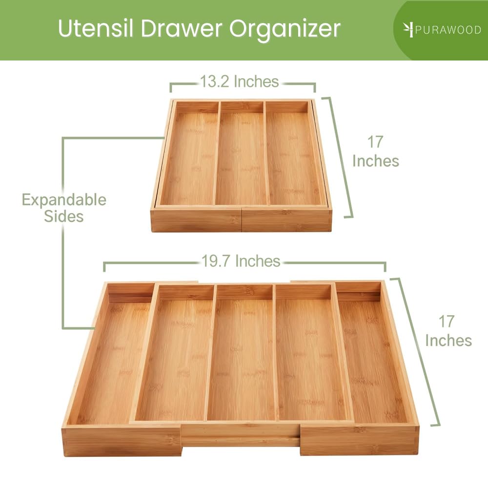 Purawood Bamboo Drawer Organizer - Expandable Silverware Organizer & Utensil Drawer Organizer, Cutlery Tray with Dividers, 7-9 Slots- Kitchen Organizer for Utensils & Flatware (Natural)