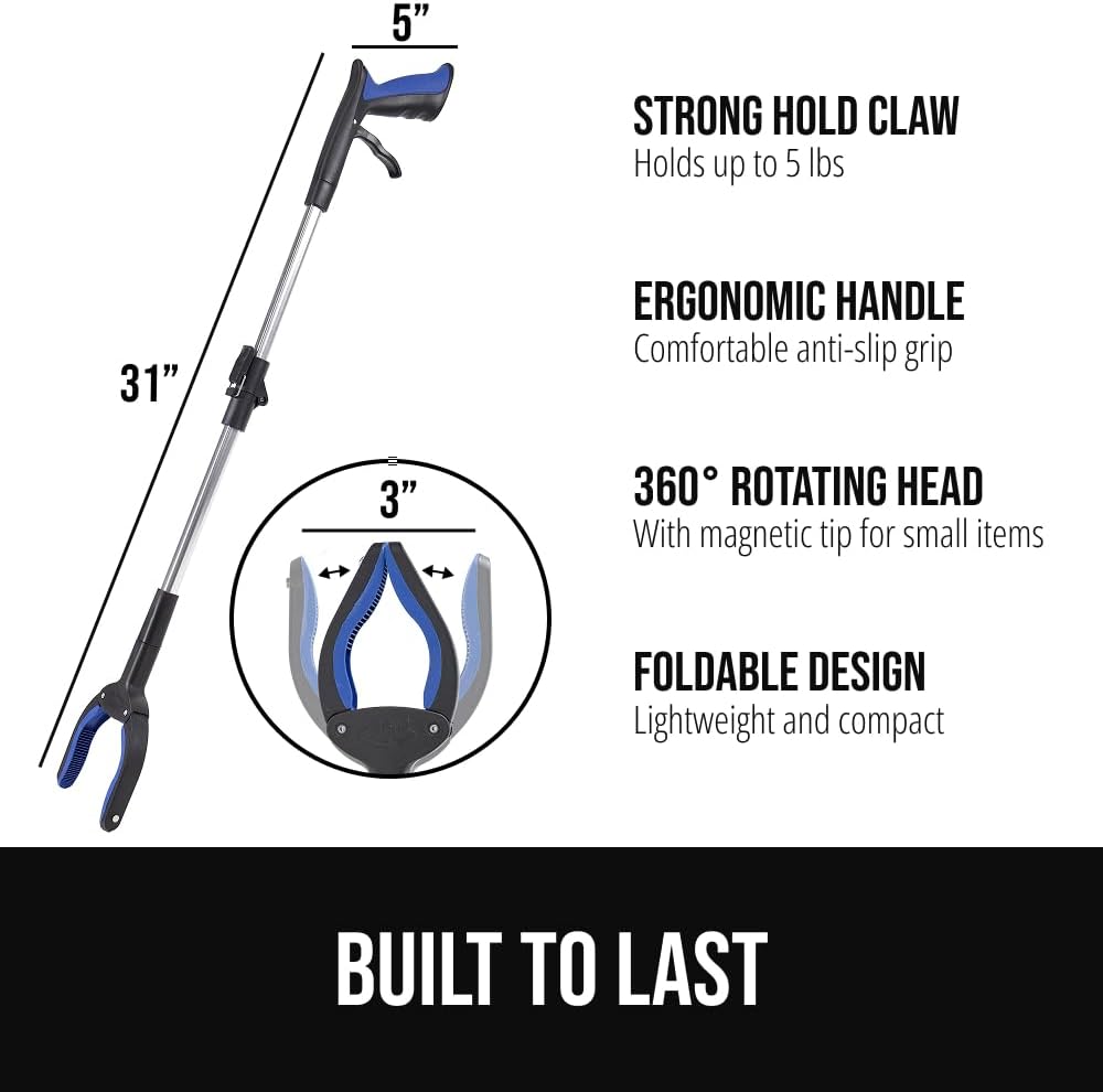 GORILLA GRIP Strong Rubber Lined Claw Grabber, Ergonomic Anti-Slip Reacher Tool for Seniors, 360 Magnetic Rotating Head Reaching Pick Up Stick, Foldable Trash Picker, Handicap Gripper, Blue