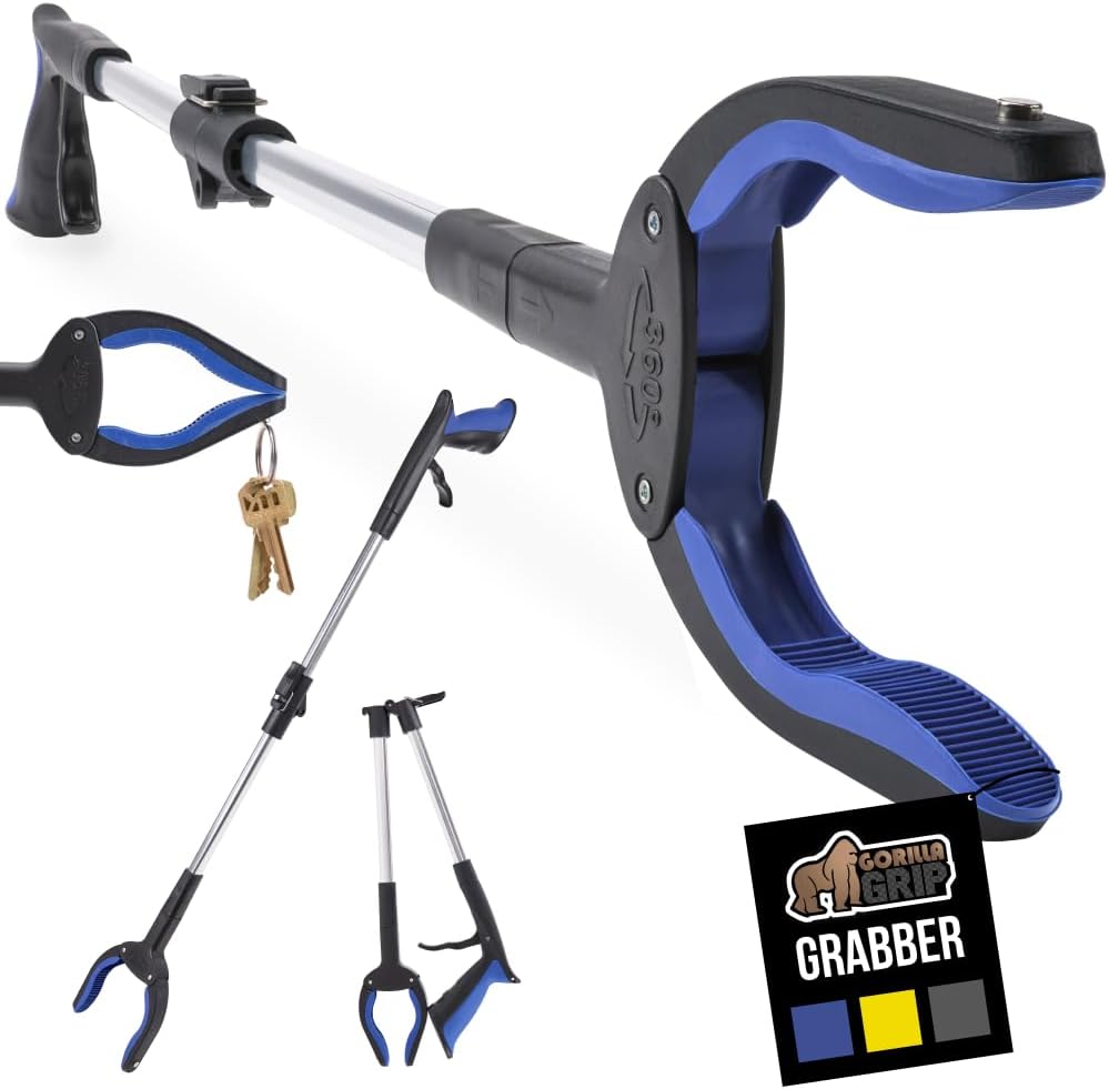 GORILLA GRIP Strong Rubber Lined Claw Grabber, Ergonomic Anti-Slip Reacher Tool for Seniors, 360 Magnetic Rotating Head Reaching Pick Up Stick, Foldable Trash Picker, Handicap Gripper, Blue