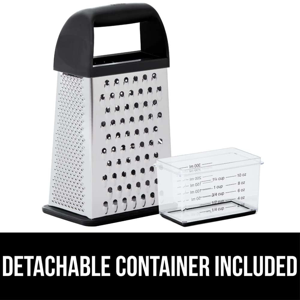 GORILLA GRIP 4-Sided Stainless Steel Cheese Grater With Container, 100% BPA-Free Box Grater, Slip Resistant Base and Handle, Grate Parmesan, Hard Cheeses, Shred Vegetables, Dishwasher Safe, Black