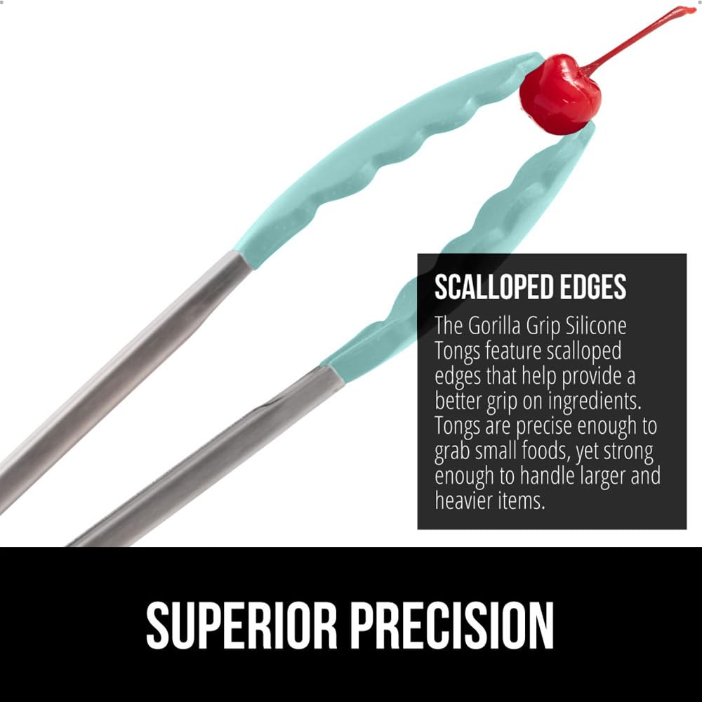 GORILLA GRIP Stainless Steel Heat Resistant Kitchen Tongs for Cooking, Set of 2 BBQ Tong, Non Scratch Silicone Tip for Pans, Strong Grip, Grab Food, Toss Salad, Air Fryer, Pull Lock, 7 + 9 Inch, Black