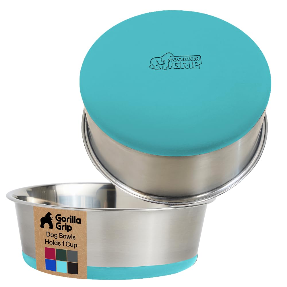 GORILLA GRIP Dog Bowls, Heavy Duty 304 Stainless Steel, Holds 2 Cups Each (16 fl oz) Food and Water Bowl for Feeding Dogs and Cats, Dishwasher Safe, Rust Resistant, BPA Free Rubber Base Set of 2 Black