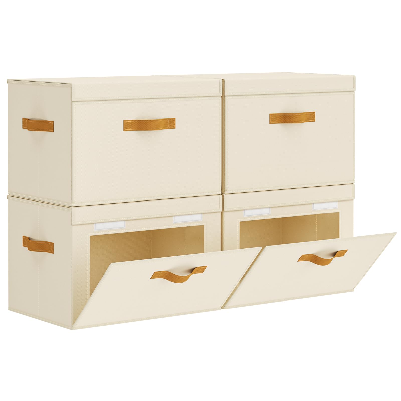 Homsorout Large Storage Bins with Lids - Front Opening Fabric Storage Bins, Flap Closet Organizer with Handles, Collapsible Boxes with Lid, Decorative Basket for Home, Dorm, 2 Pack, Beige