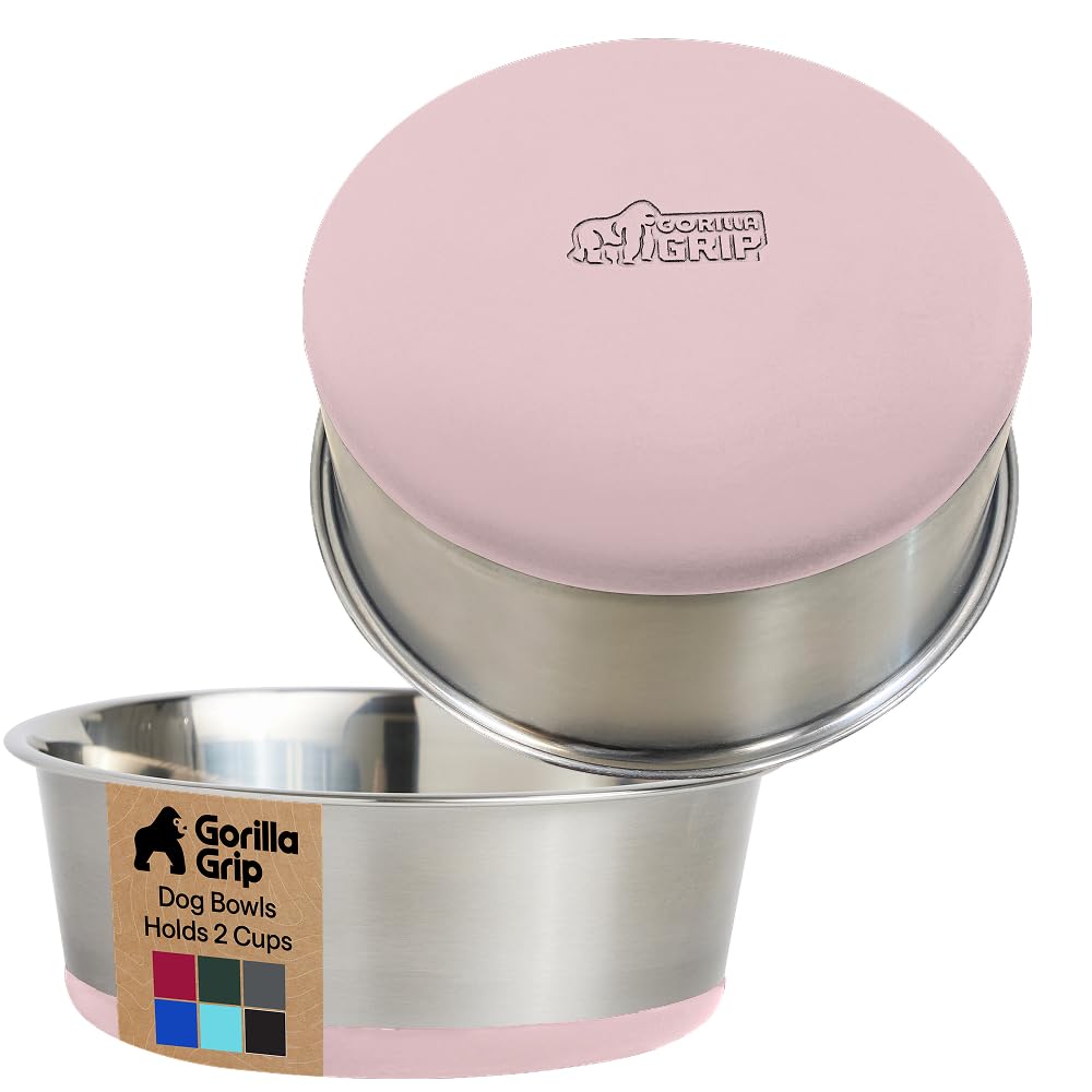 GORILLA GRIP Dog Bowls, Heavy Duty 304 Stainless Steel, Holds 2 Cups Each (16 fl oz) Food and Water Bowl for Feeding Dogs and Cats, Dishwasher Safe, Rust Resistant, BPA Free Rubber Base Set of 2 Black