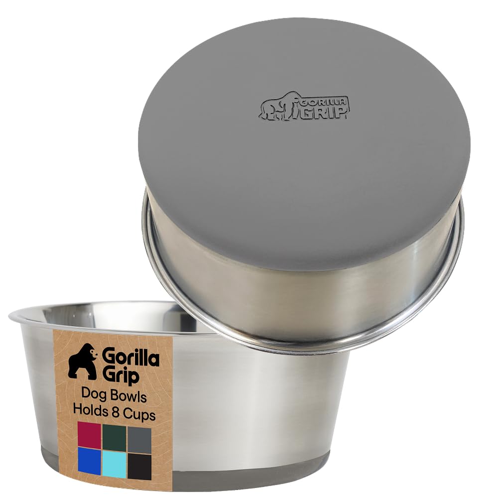 GORILLA GRIP Dog Bowls, Heavy Duty 304 Stainless Steel, Holds 2 Cups Each (16 fl oz) Food and Water Bowl for Feeding Dogs and Cats, Dishwasher Safe, Rust Resistant, BPA Free Rubber Base Set of 2 Black