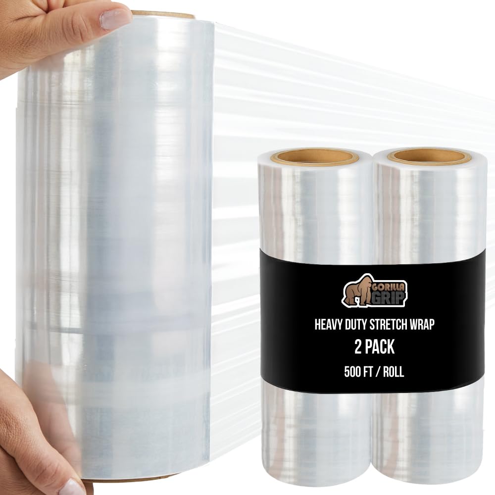 GORILLA GRIP 500% Stretch Film Heavy Duty Plastic, 1000ft Shrink Wrap Roll 17" Puncture Resistant, Industrial Strength for Shipping, Pallet Storing, Moving, Packing Furniture Protection 1 Pack Clear