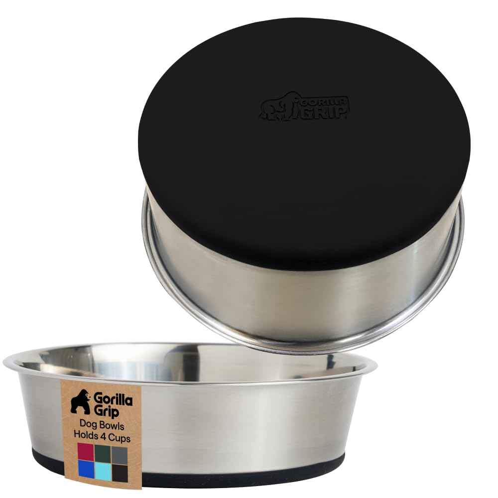 GORILLA GRIP Dog Bowls, Heavy Duty 304 Stainless Steel, Holds 2 Cups Each (16 fl oz) Food and Water Bowl for Feeding Dogs and Cats, Dishwasher Safe, Rust Resistant, BPA Free Rubber Base Set of 2 Black