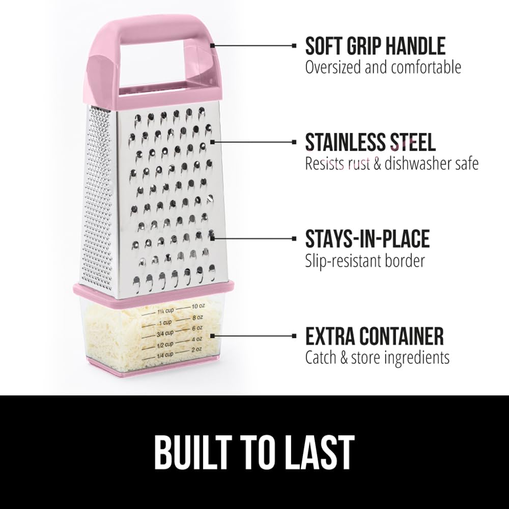 GORILLA GRIP 4-Sided Stainless Steel Cheese Grater With Container, 100% BPA-Free Box Grater, Slip Resistant Base and Handle, Grate Parmesan, Hard Cheeses, Shred Vegetables, Dishwasher Safe, Black