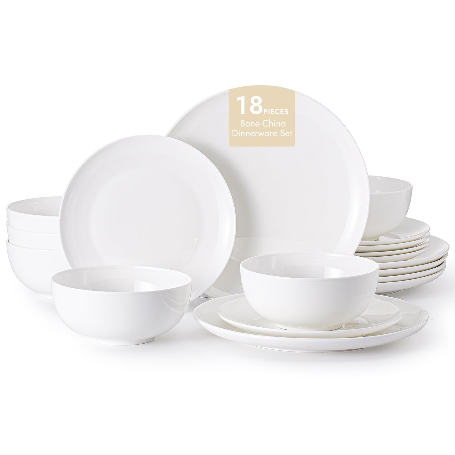 KINGSTONE 12-Piece Bone China Dinnerware Set for 4, Lightweight and Durable, Microwave and Dishwasher Safe, White Plates and Bowls for Everyday Use