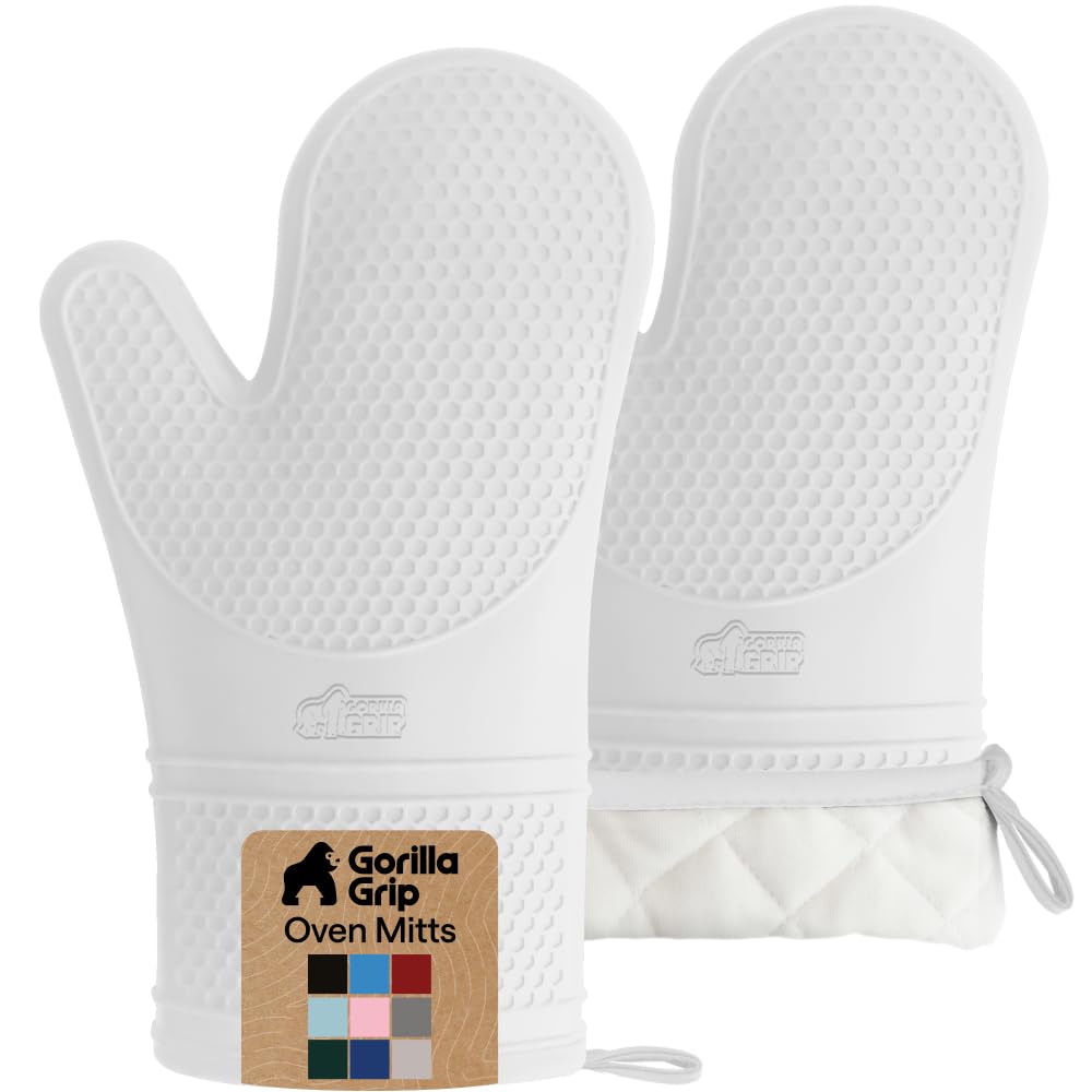GORILLA GRIP BPA-Free Soft Silicone Oven Mitts, Heat Resistant and Waterproof Cooking Safety Gloves, Thick Cotton Lining, Flexible Gripping, Kitchen Potholders Set, for Grilling, BBQ, 12.5x8.3, Black