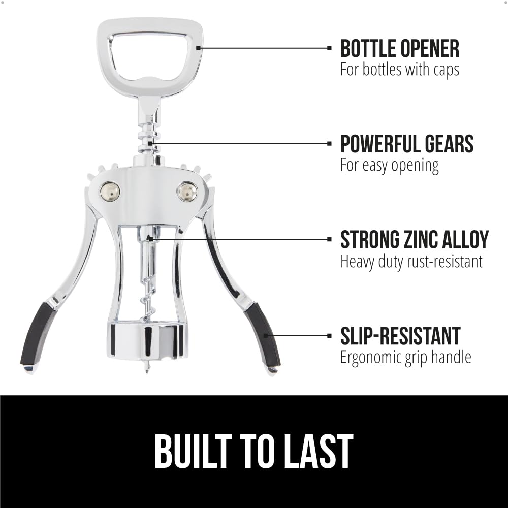 GORILLA GRIP BPA-Free Premium Wine Opener, Easy to Use Smooth Zinc Alloy Wing Corkscrew, Multifunctional Bottle Openers Remove Corks, Caps, Sharp Cork Screw, Dishwasher Safe, Bar Essentials, Black
