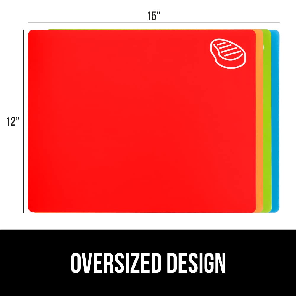 GORILLA GRIP 100% BPA-Free Flexible Cutting Board Set of 4, Durable Plastic Mats with Food Icons for Meal Prepping, Large Kitchen Chopping Mat, Use for Meat Fish Vegetables Fruit, 15x12, Multicolor