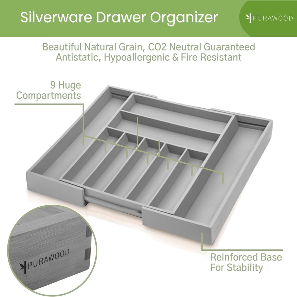Purawood Bamboo Drawer Organizer - Expandable Silverware Organizer & Utensil Drawer Organizer, Cutlery Tray with Dividers, 7-9 Slots- Kitchen Organizer for Utensils & Flatware (Natural)