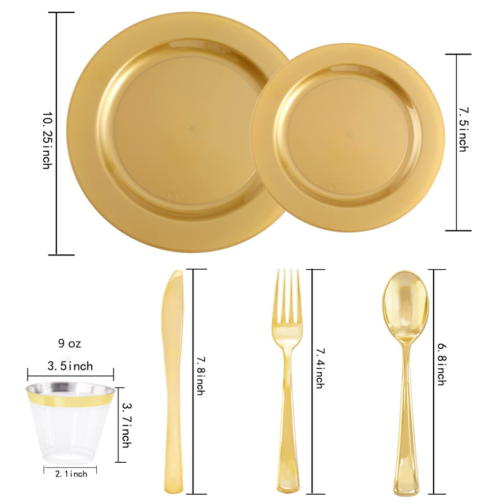 DaYammi 210Pcs White Gold Plastic Plates for Party,Gold Disposable Dinnerware Set Includes 60 gold Floral Plates,30 Plastic Silverware,30 Per Rolled Napkins,30 Cups for Mother's Day Party Wedding