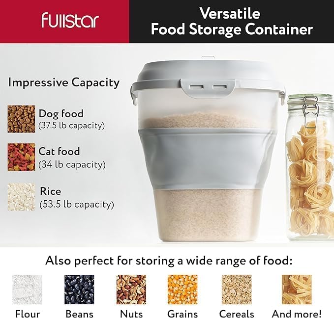 Fullstar 50 Lbs Rice & Flour Storage - Large Food & Pet Food Container (Gray)