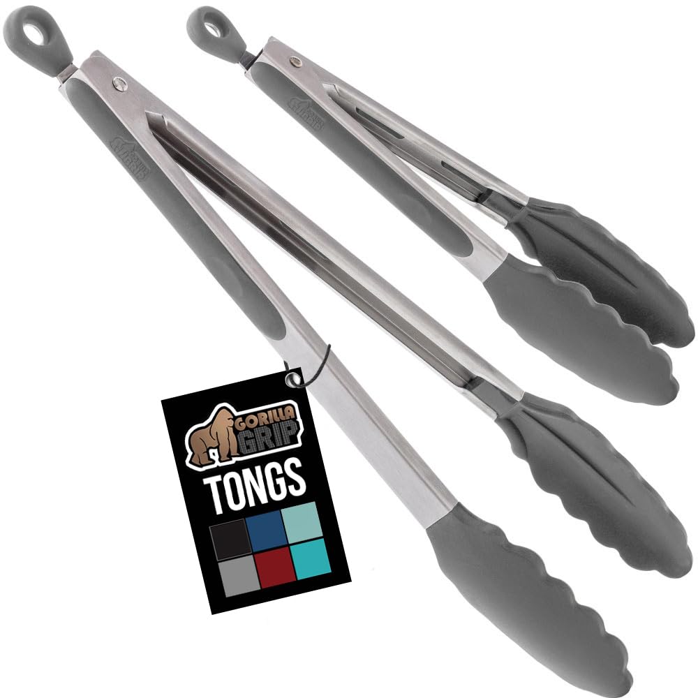 GORILLA GRIP Stainless Steel Heat Resistant Kitchen Tongs for Cooking, Set of 2 BBQ Tong, Non Scratch Silicone Tip for Pans, Strong Grip, Grab Food, Toss Salad, Air Fryer, Pull Lock, 7 + 9 Inch, Black