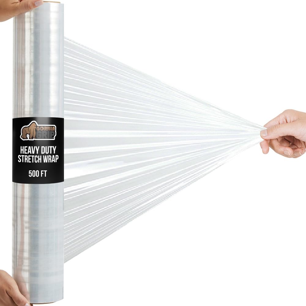 GORILLA GRIP 500% Stretch Film Heavy Duty Plastic, 1000ft Shrink Wrap Roll 17" Puncture Resistant, Industrial Strength for Shipping, Pallet Storing, Moving, Packing Furniture Protection 1 Pack Clear