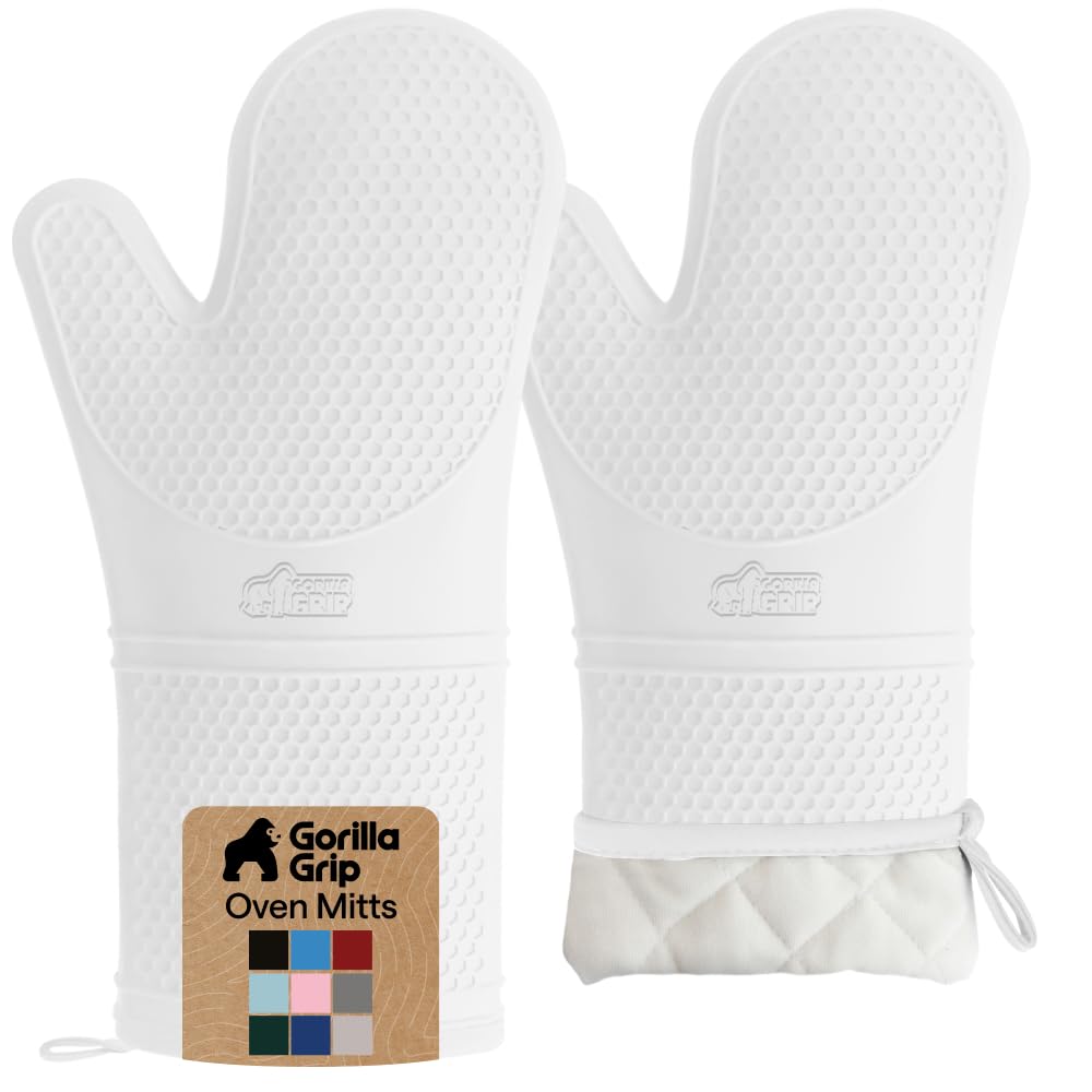 GORILLA GRIP BPA-Free Soft Silicone Oven Mitts, Heat Resistant and Waterproof Cooking Safety Gloves, Thick Cotton Lining, Flexible Gripping, Kitchen Potholders Set, for Grilling, BBQ, 12.5x8.3, Black