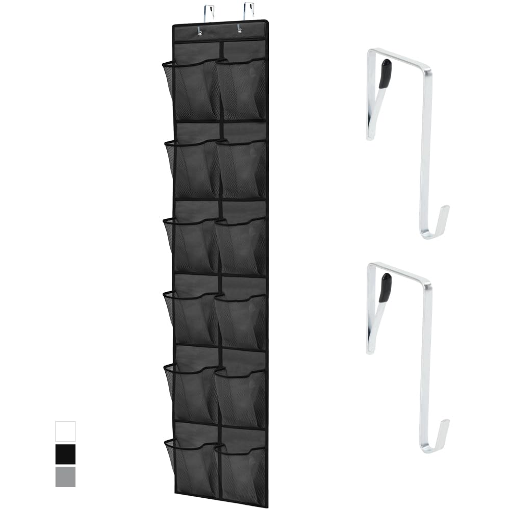 GORILLA GRIP Over the Door Shoe Organizer, 24 Large Breathable Mesh Pockets, Space Saving Hanging Storage Holder, Closet Rack Hanger Holds Up to 40 lbs, Hangs on Closets for Shoes, Accessories, Black
