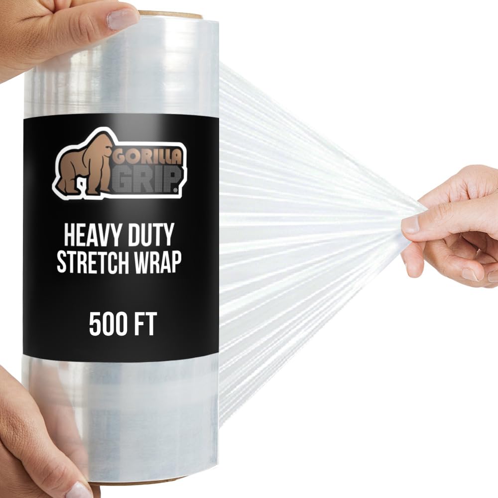 GORILLA GRIP 500% Stretch Film Heavy Duty Plastic, 1000ft Shrink Wrap Roll 17" Puncture Resistant, Industrial Strength for Shipping, Pallet Storing, Moving, Packing Furniture Protection 1 Pack Clear