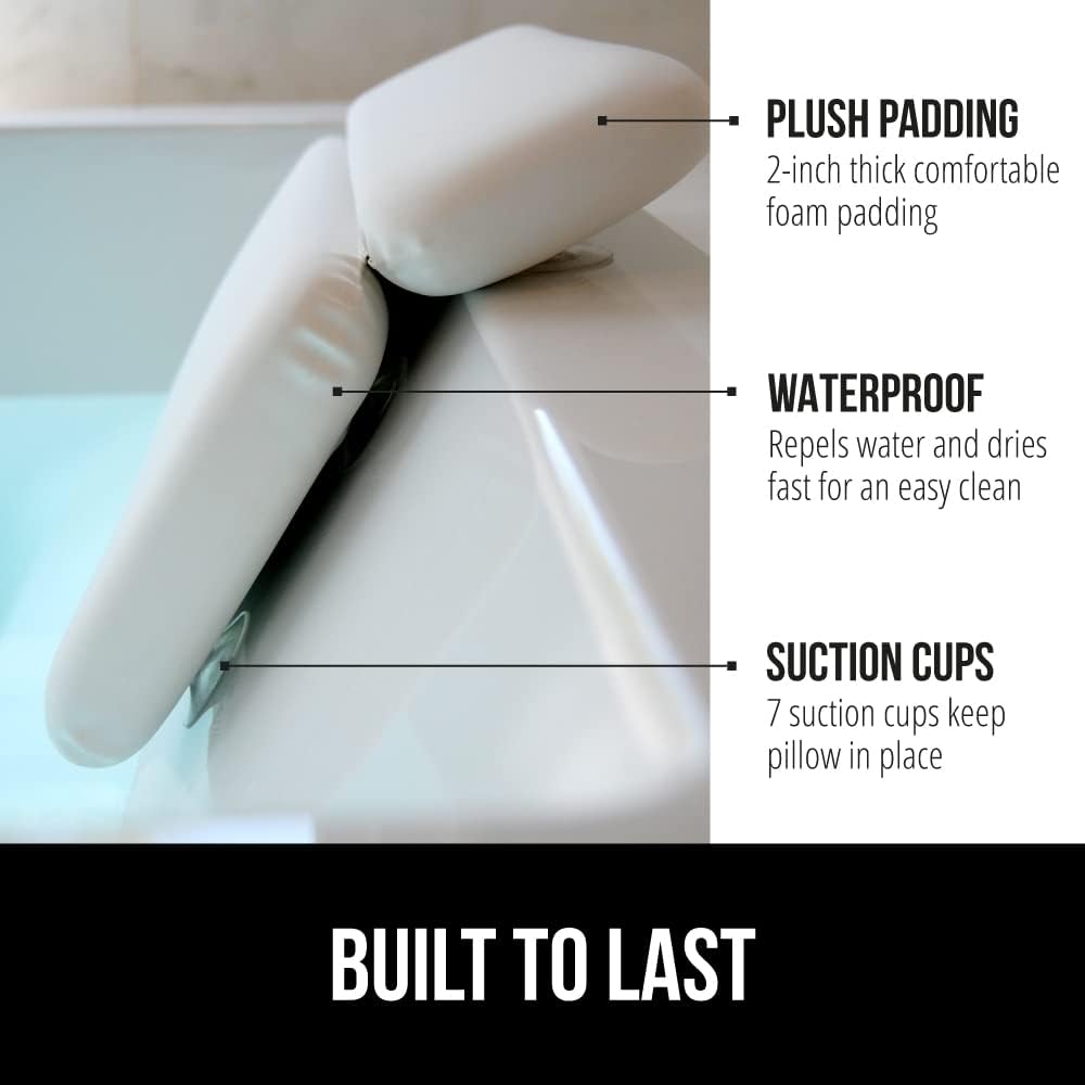 GORILLA GRIP Bath Pillow for Tub, Strong Suction Cups, Luxury Bathtub Pillows, Headrest Neck and Back Support, Relaxing Hot Tub and Home Spa Accessories, Bathroom Essentials, Gifts for Women, White
