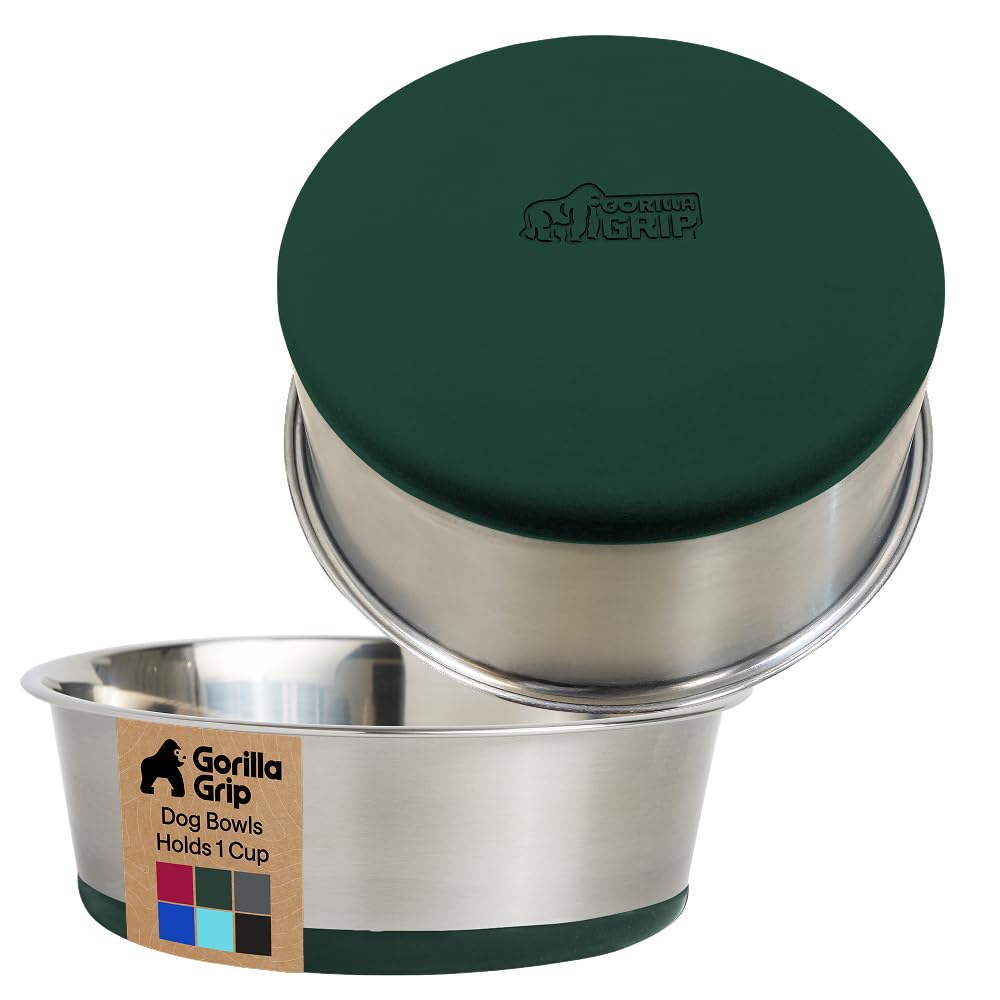 GORILLA GRIP Dog Bowls, Heavy Duty 304 Stainless Steel, Holds 2 Cups Each (16 fl oz) Food and Water Bowl for Feeding Dogs and Cats, Dishwasher Safe, Rust Resistant, BPA Free Rubber Base Set of 2 Black